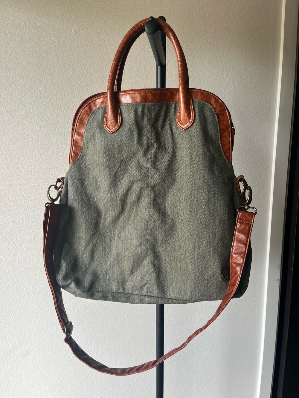 Green Canvas & Brown Leather Travel Tote Bag